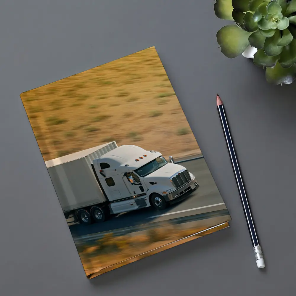White Semi Truck Speeding Down Desert Highway – Notebooks
