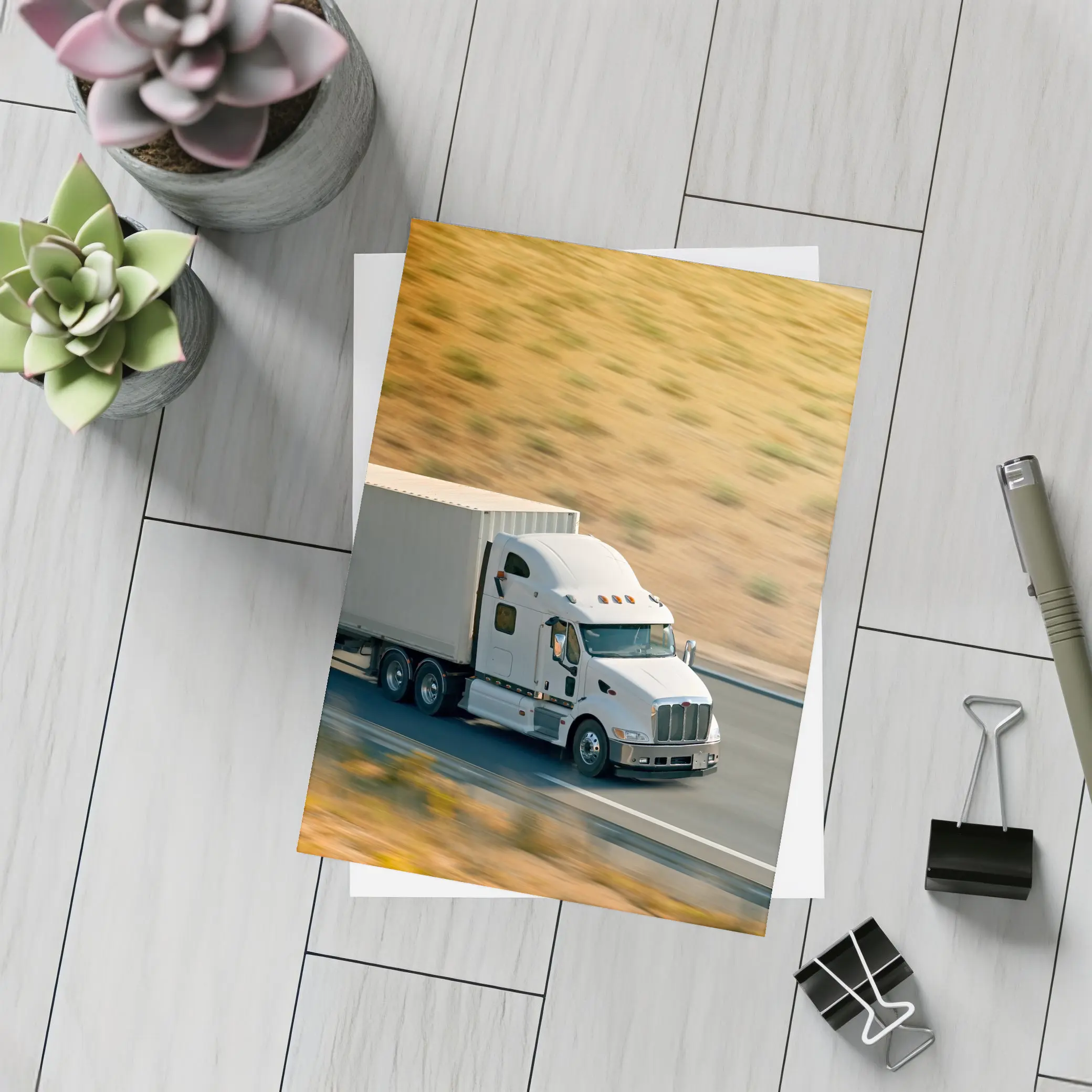 White Semi Truck Speeding Down Desert Highway – Postcards