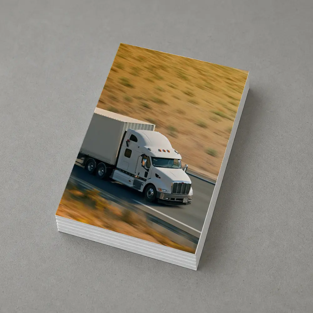 White Semi Truck Speeding Down Desert Highway – Postcards