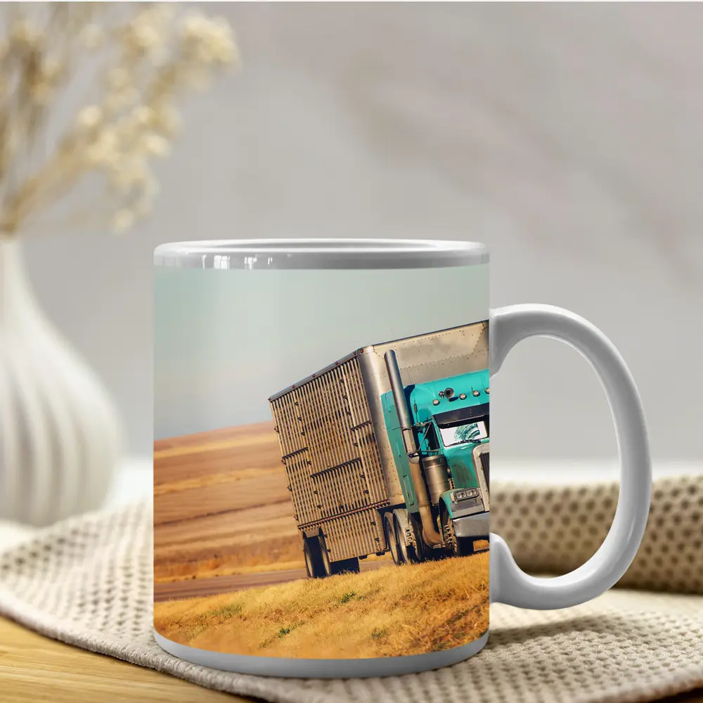 Semi Truck Driving Through Open Plains – Mugs
