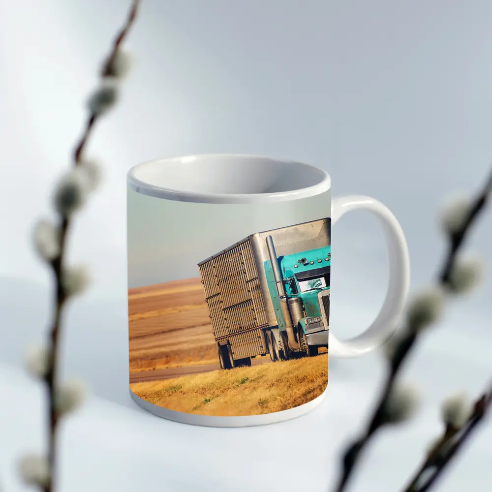 Semi Truck Driving Through Open Plains – Mugs