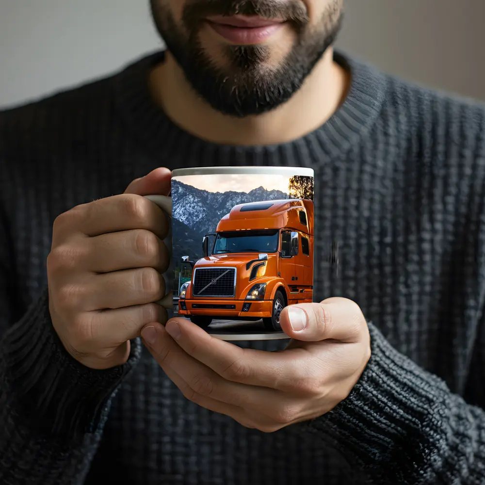 Volvo Semi Truck Orange Mountain Highway Drive – Mugs