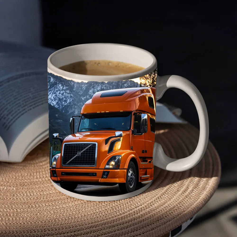 Volvo Semi Truck Orange Mountain Highway Drive – Mugs