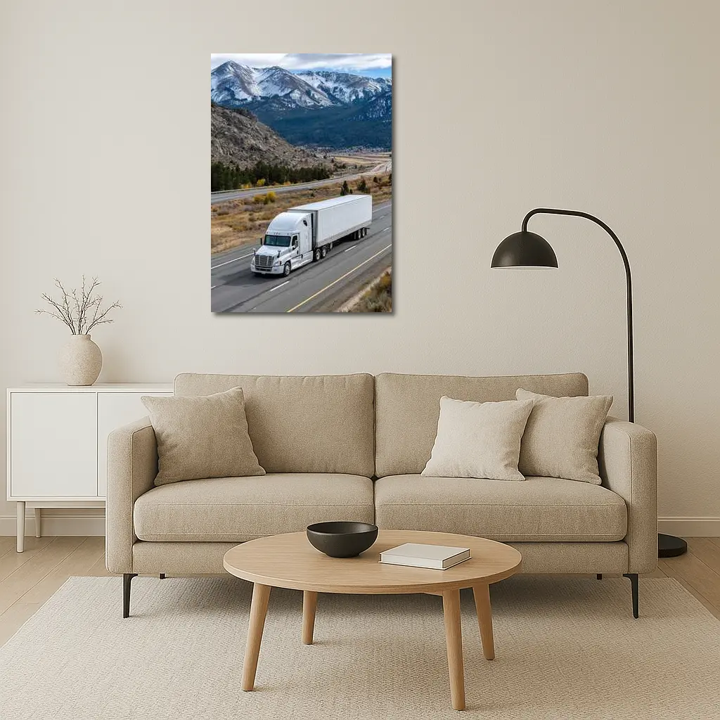 White Semi Truck Highway Mountain Landscape – Wall Art