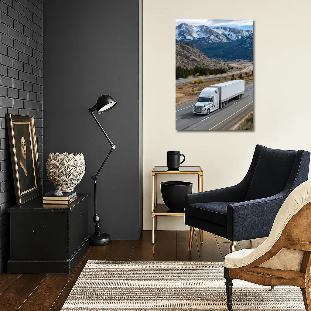 White Semi Truck Highway Mountain Landscape – Wall Art