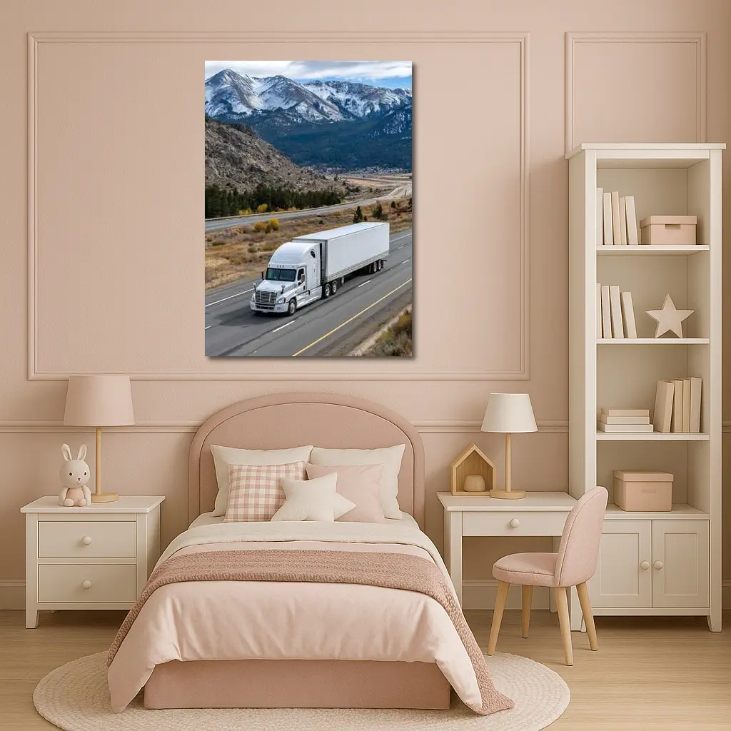 White Semi Truck Highway Mountain Landscape – Wall Art