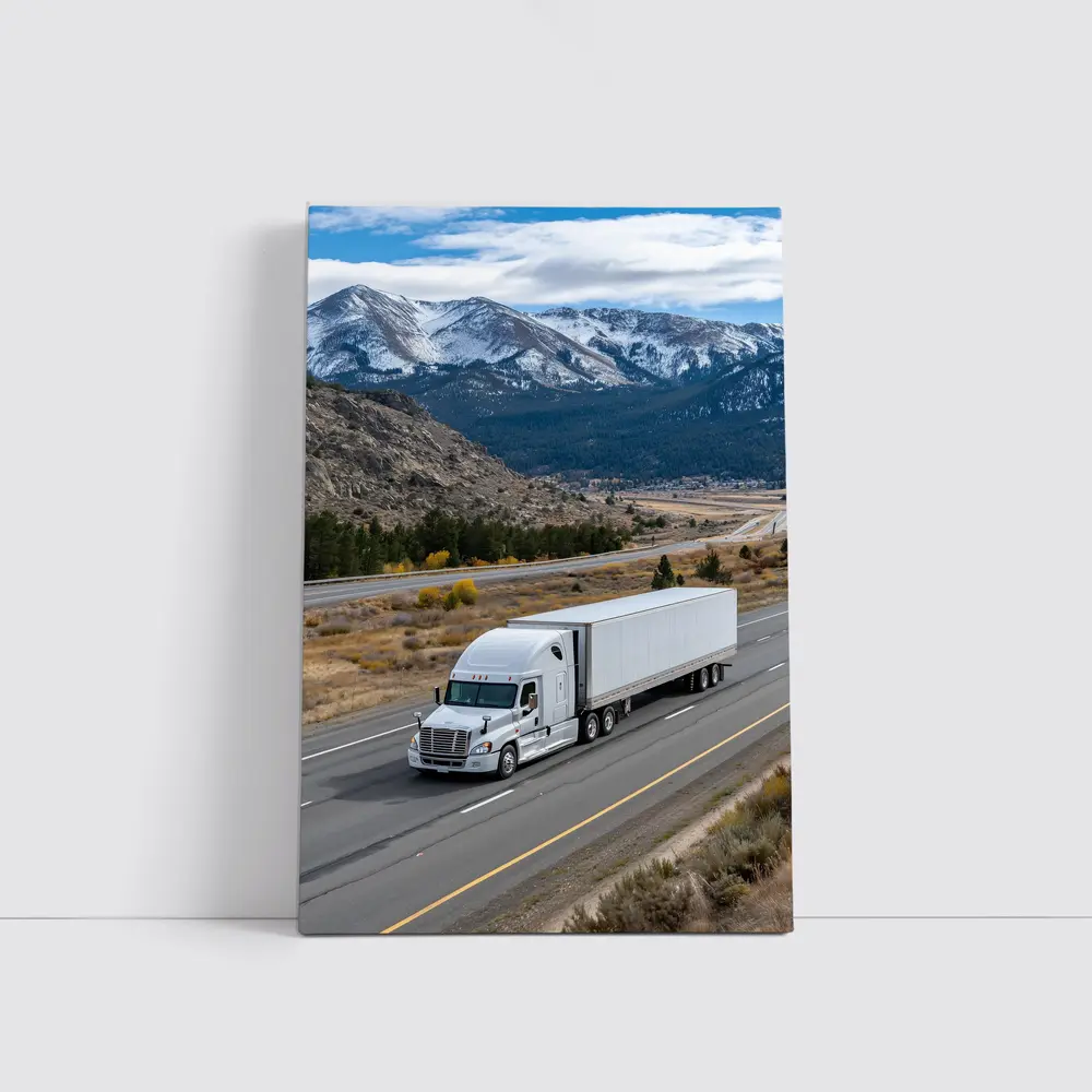 White Semi Truck Highway Mountain Landscape – Wall Art