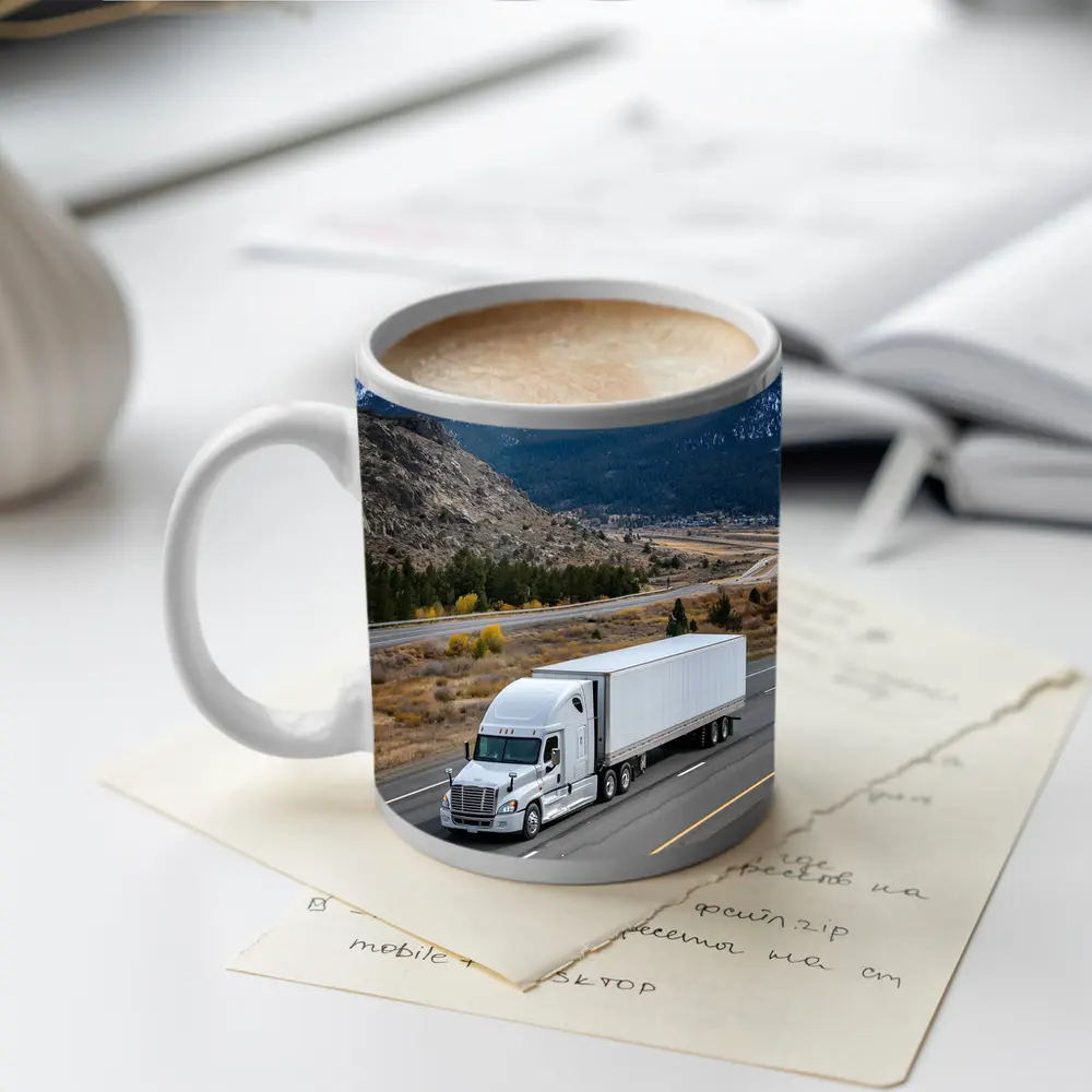 White Semi Truck Highway Mountain Landscape – Mugs