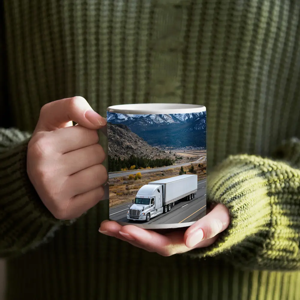 White Semi Truck Highway Mountain Landscape – Mugs