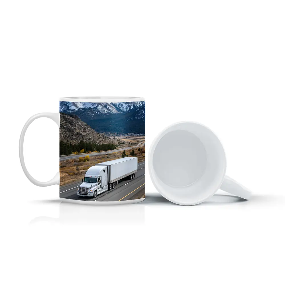 White Semi Truck Highway Mountain Landscape – Mugs