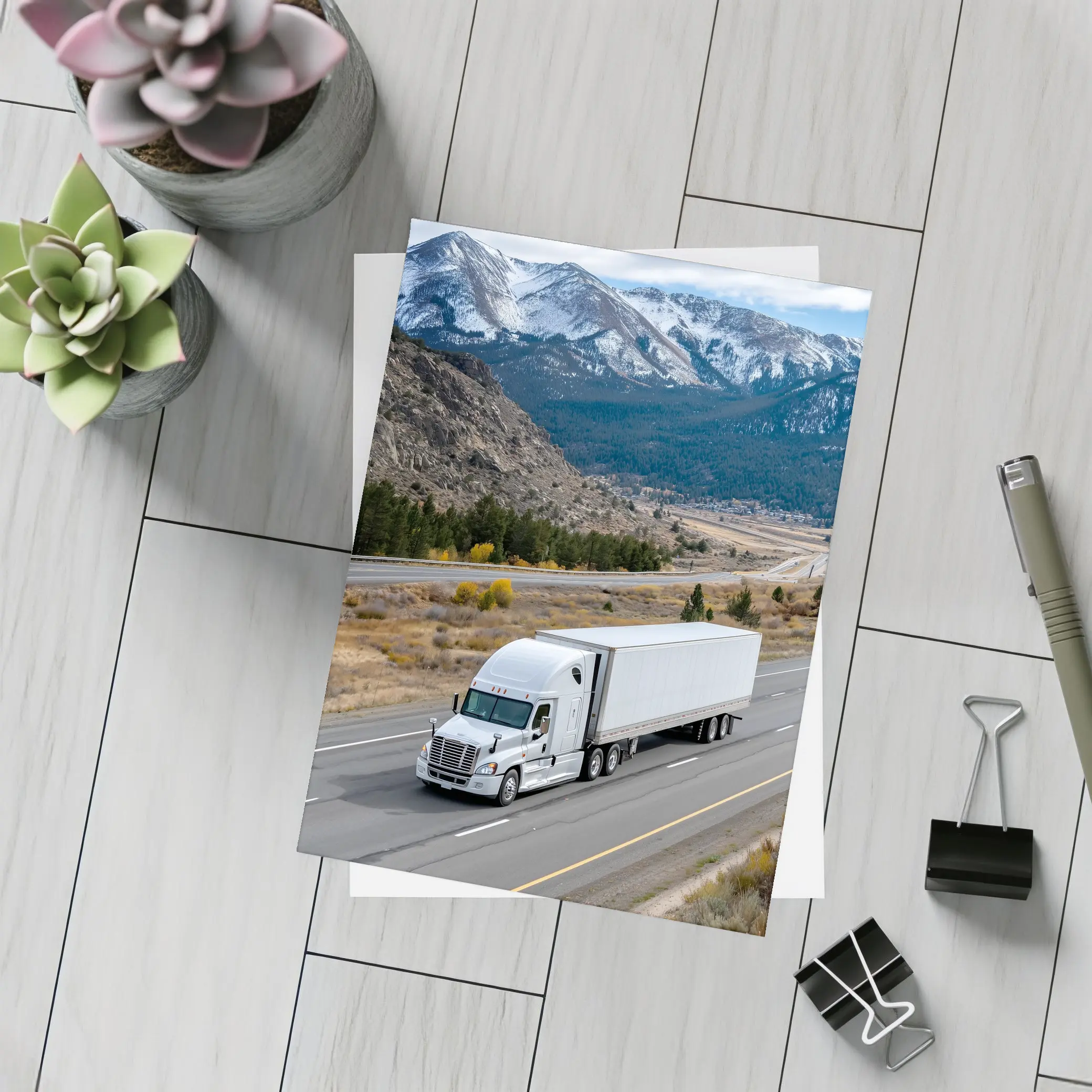 White Semi Truck Highway Mountain Landscape – Postcards