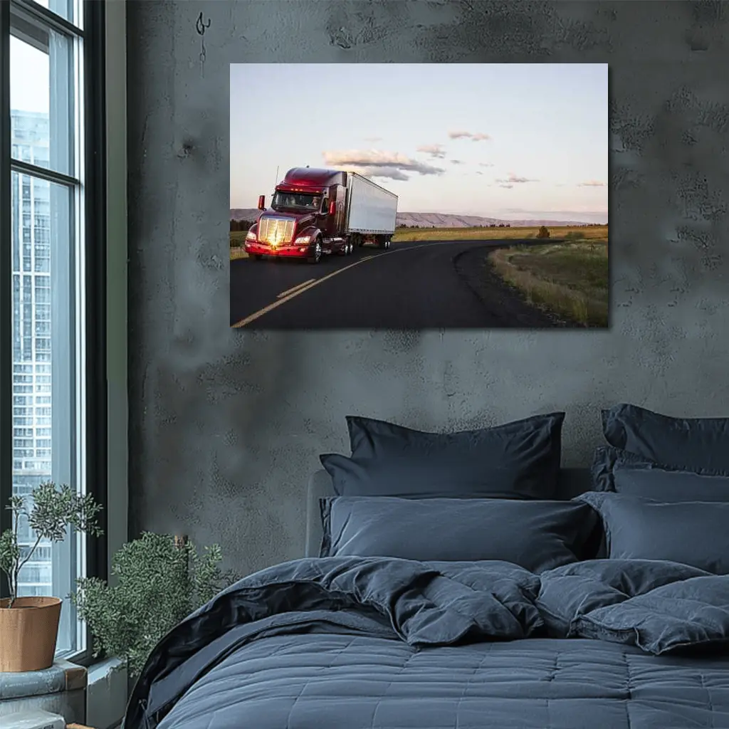 Red Semi Truck on Open Country Road – Wall Art