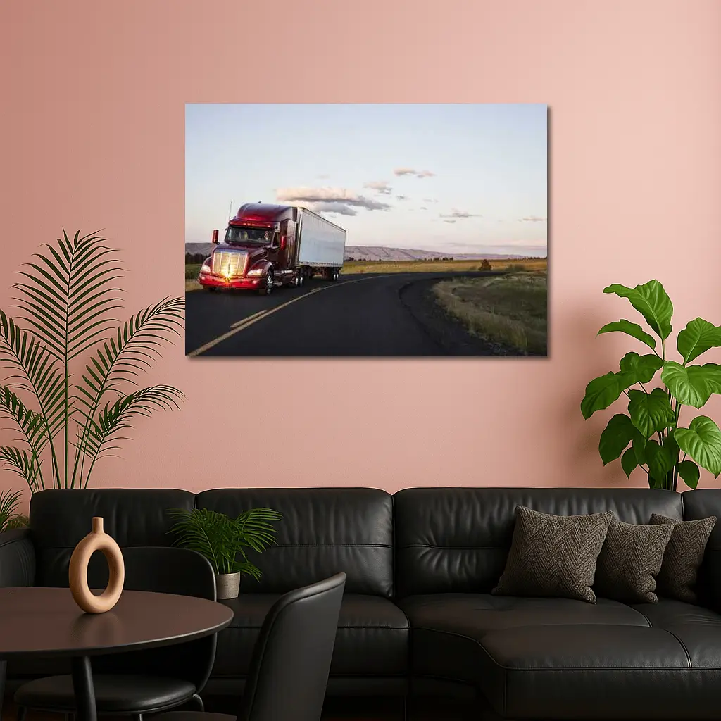 Red Semi Truck on Open Country Road – Wall Art