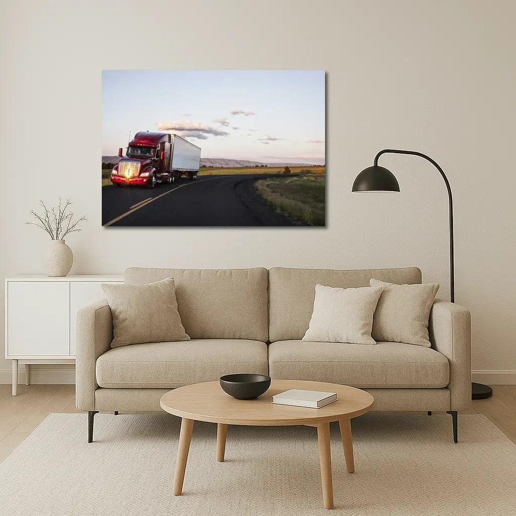 Red Semi Truck on Open Country Road – Wall Art