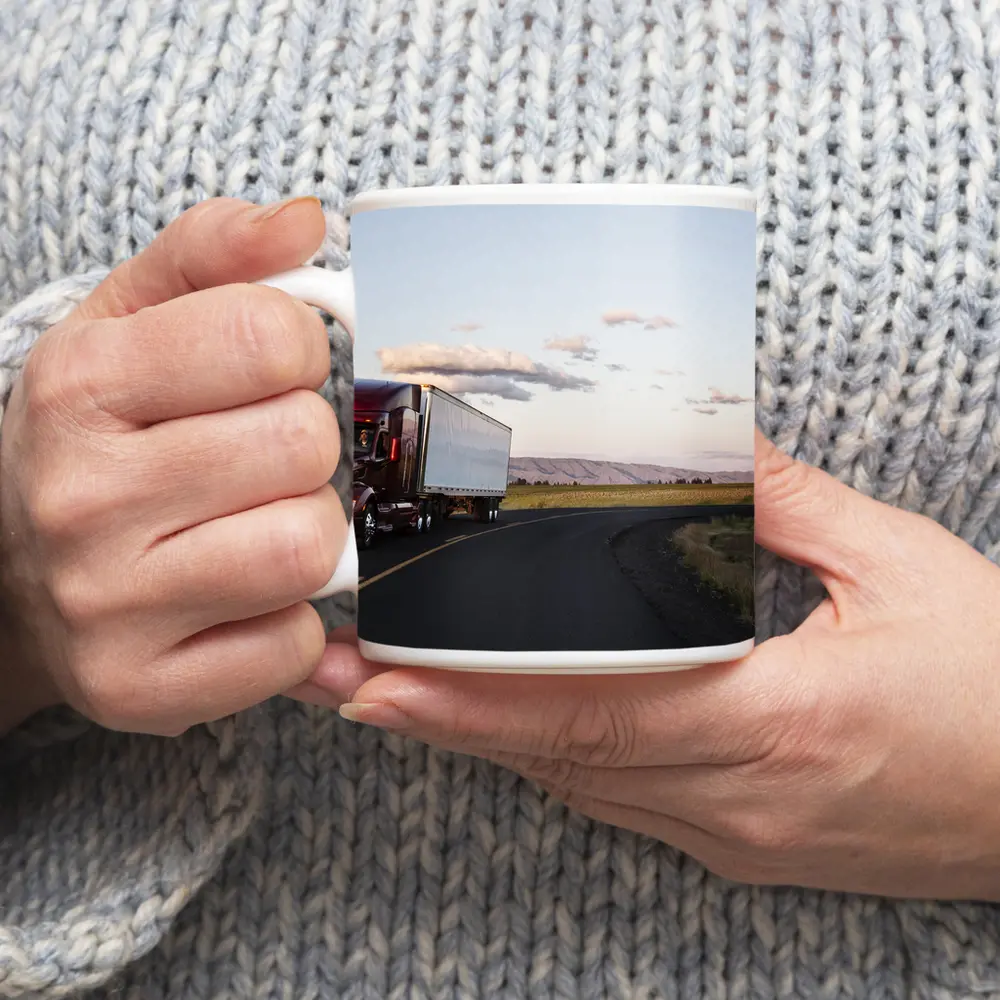 Red Semi Truck on Open Country Road – Mugs