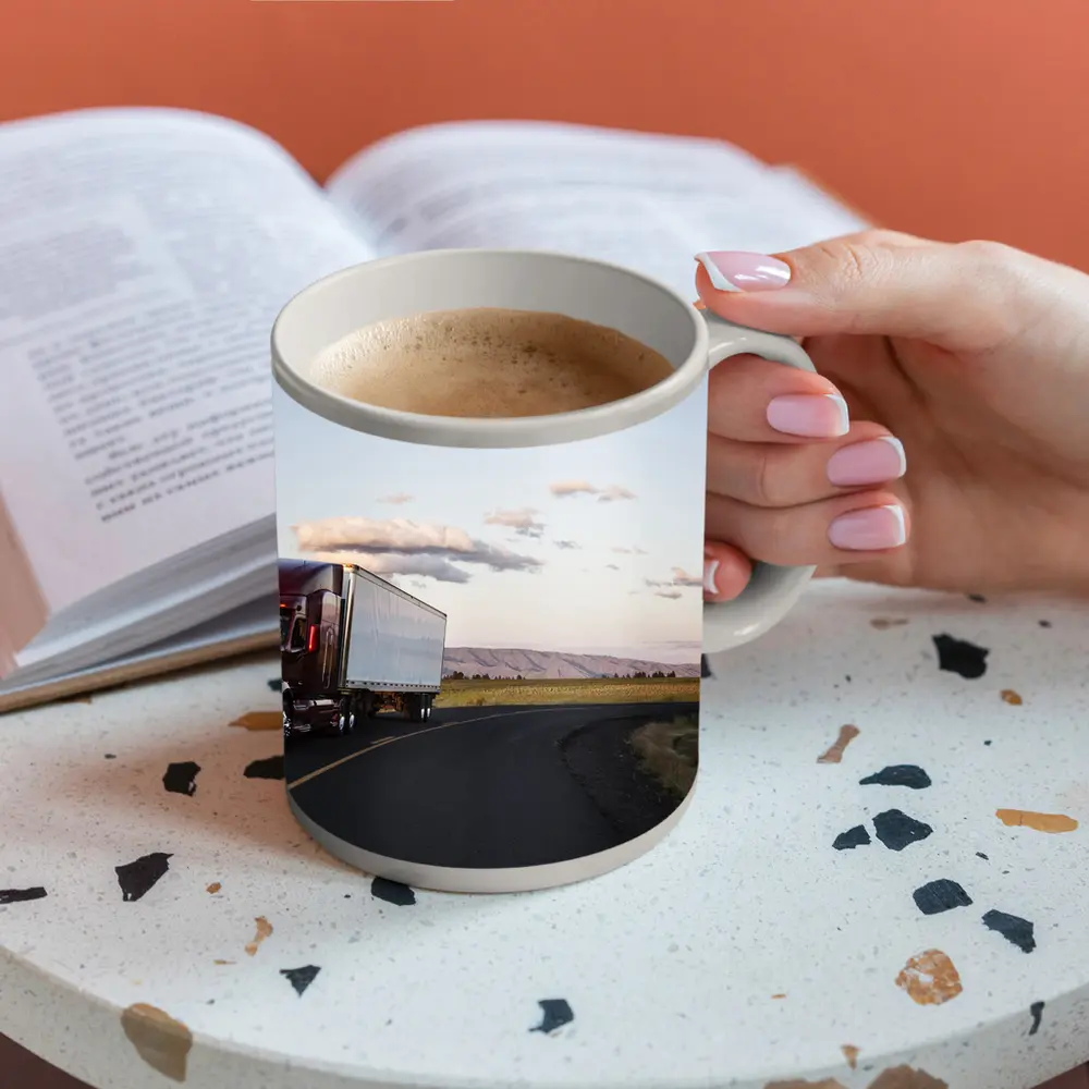 Red Semi Truck on Open Country Road – Mugs
