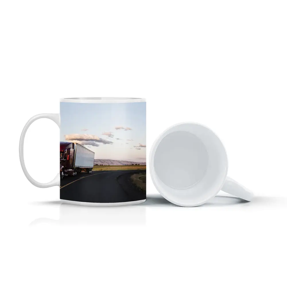Red Semi Truck on Open Country Road – Mugs