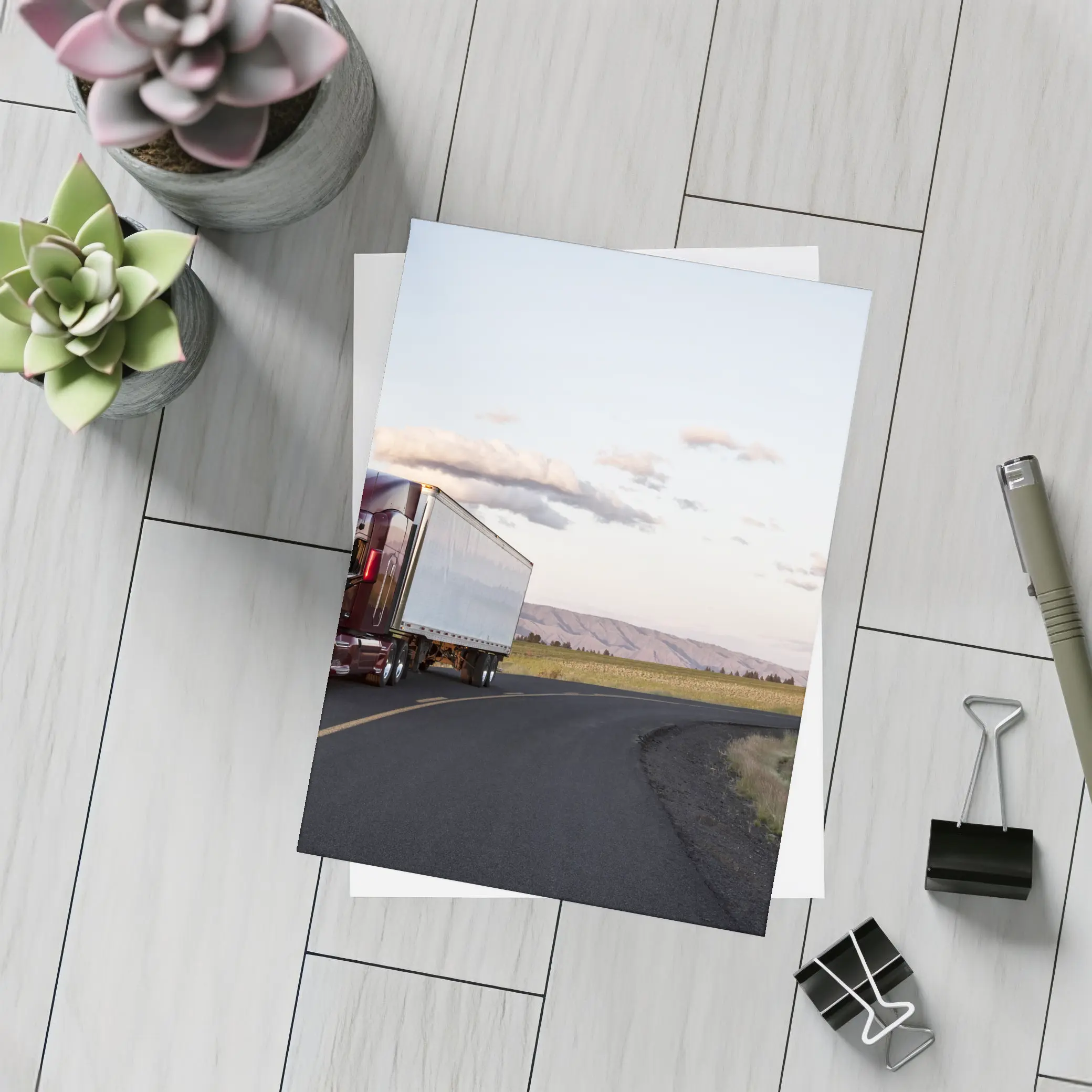 Red Semi Truck on Open Country Road – Postcards