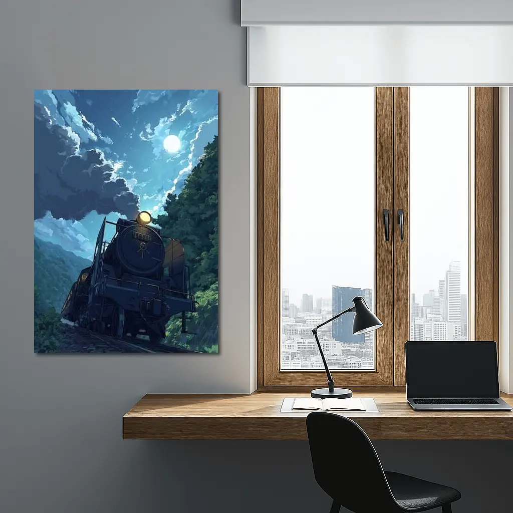 Anime Steam Train Moonlit Forest Night – Wall Art