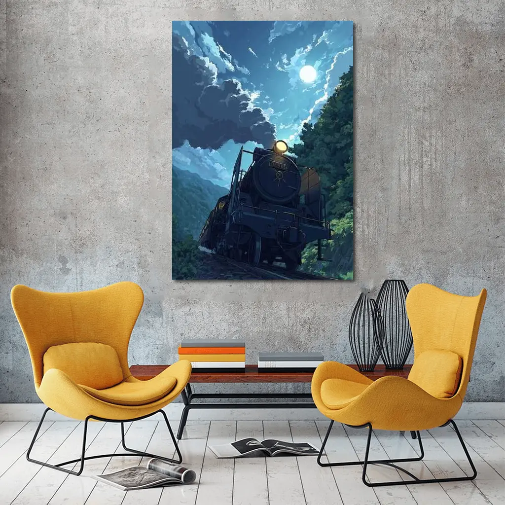 Anime Steam Train Moonlit Forest Night – Wall Art
