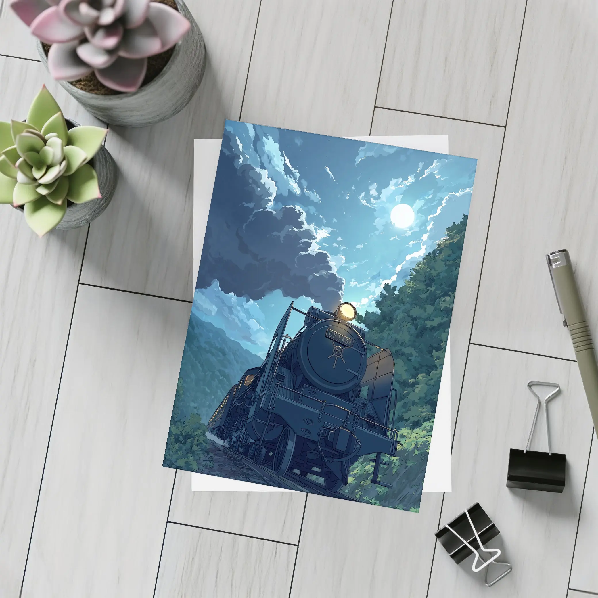 Anime Steam Train Moonlit Forest Night – Postcards