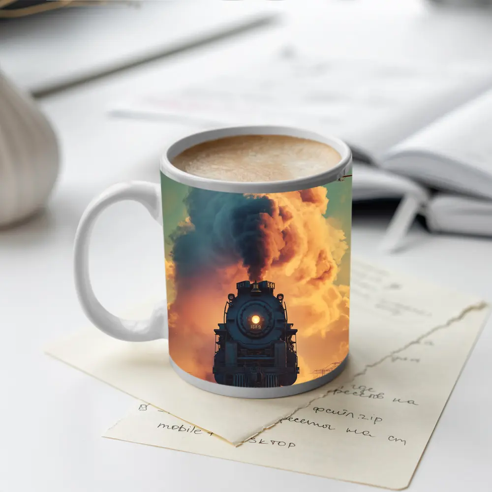Steam Locomotive Billowing Smoke Dramatic Sky – Mugs