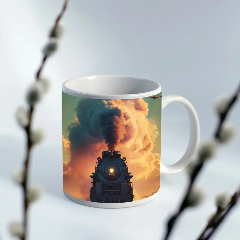 Steam Locomotive Billowing Smoke Dramatic Sky – Mugs
