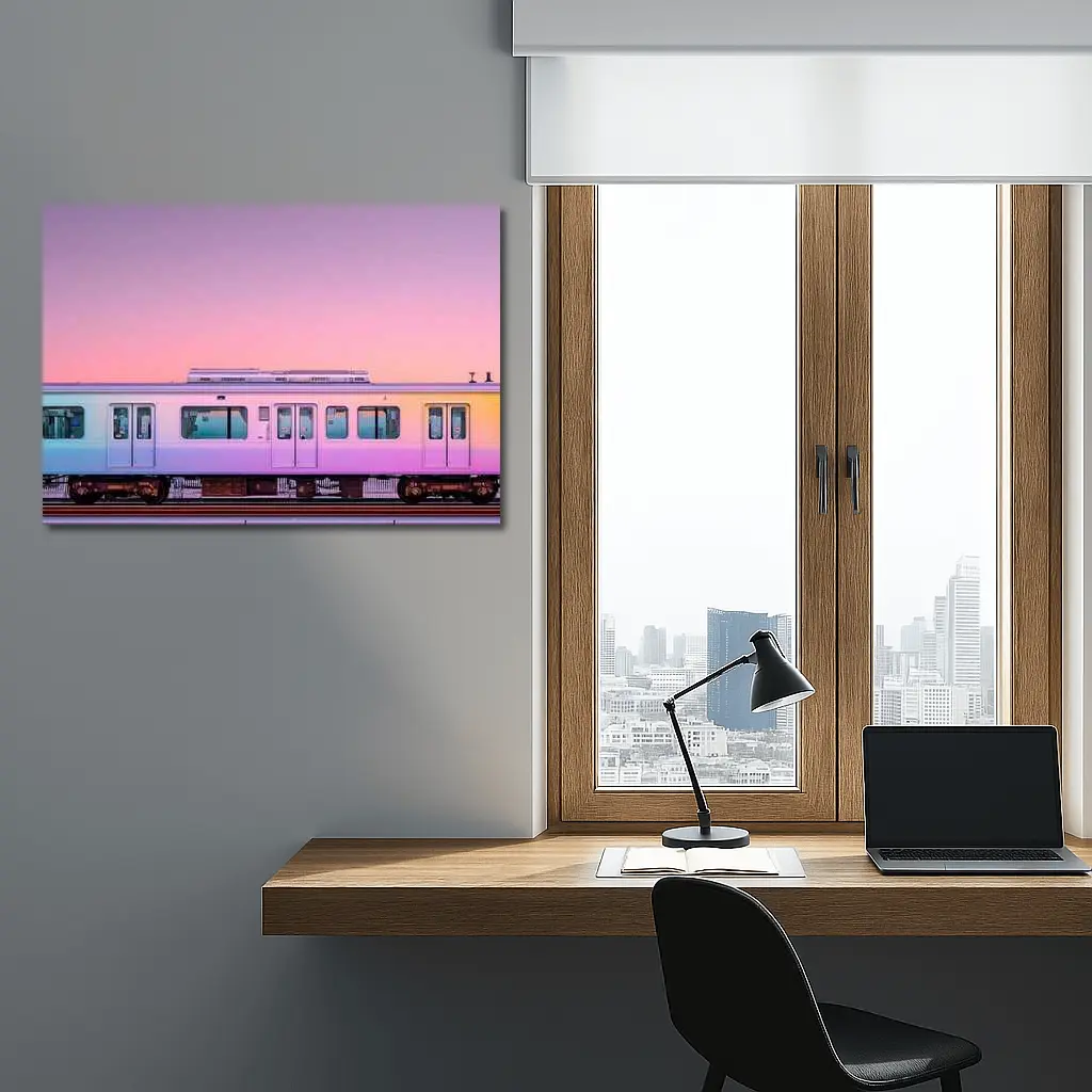 Pastel Train at Pink Sunset Sky – Wall Art