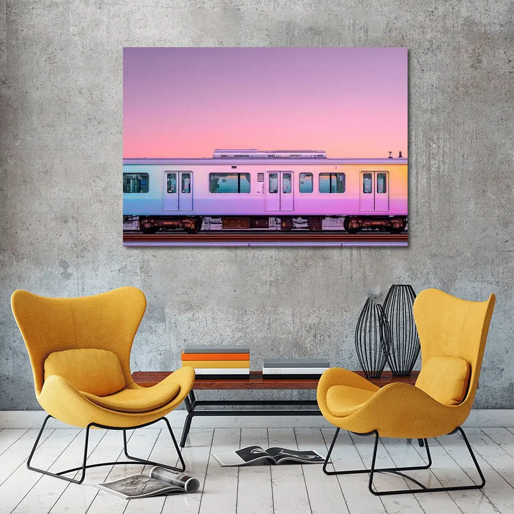 Pastel Train at Pink Sunset Sky – Wall Art