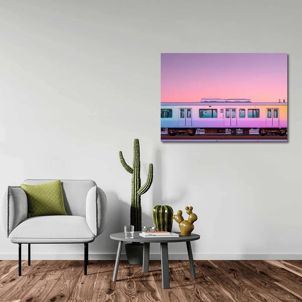 Pastel Train at Pink Sunset Sky – Wall Art