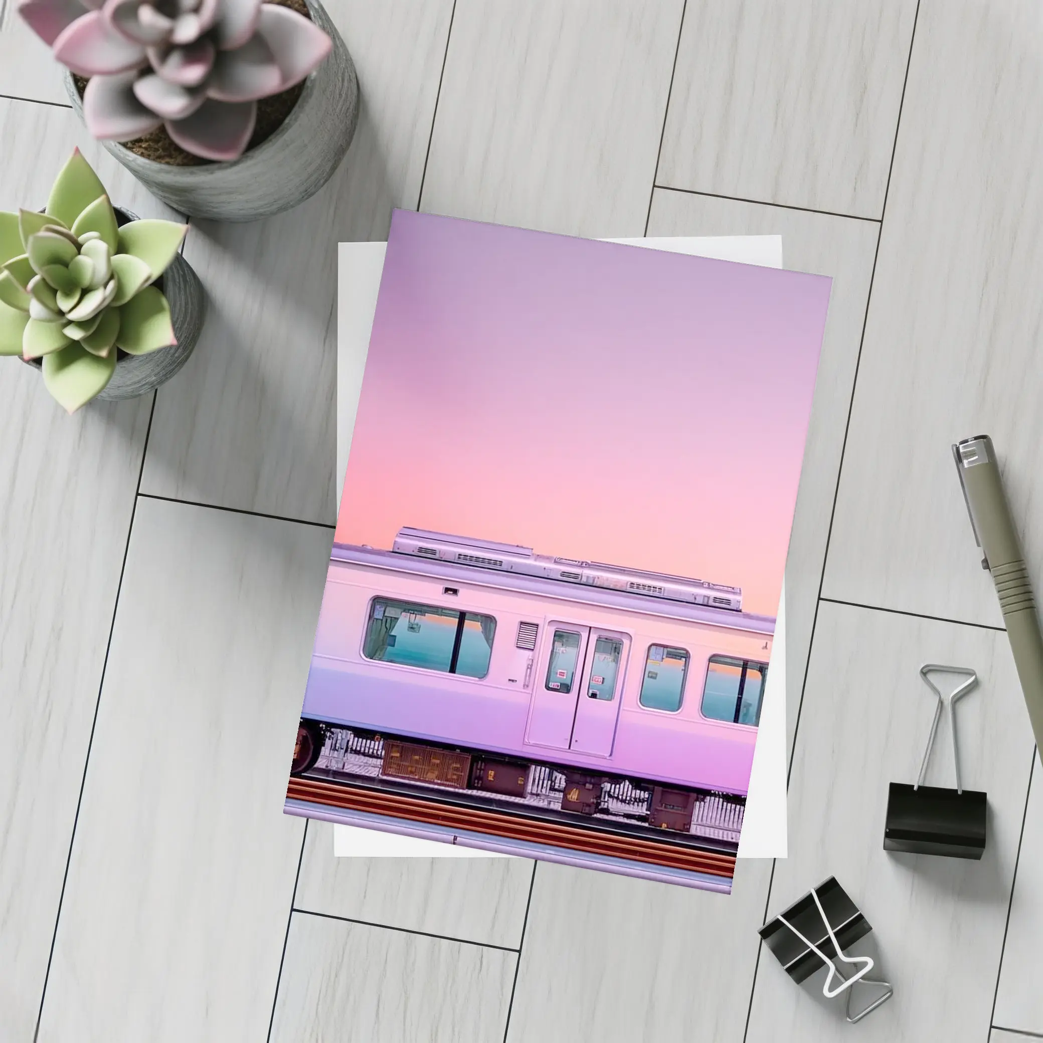 Pastel Train at Pink Sunset Sky – Postcards