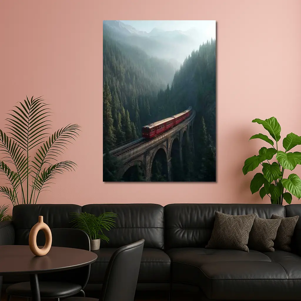 Red Train On Viaduct Misty Mountain Forest – Wall Art