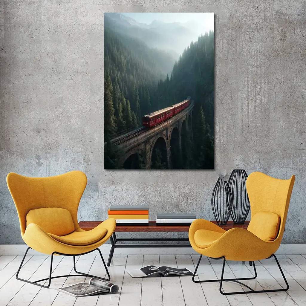 Red Train On Viaduct Misty Mountain Forest – Wall Art