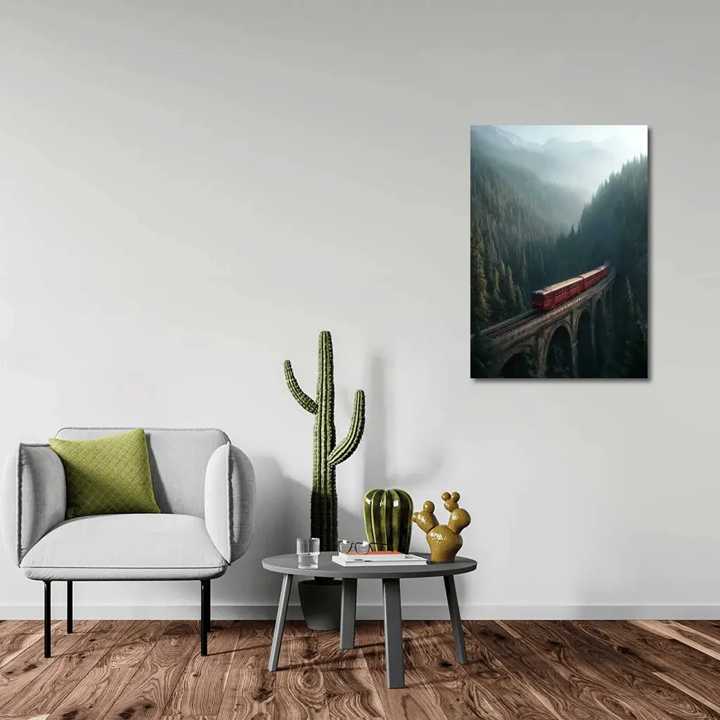 Red Train On Viaduct Misty Mountain Forest – Wall Art