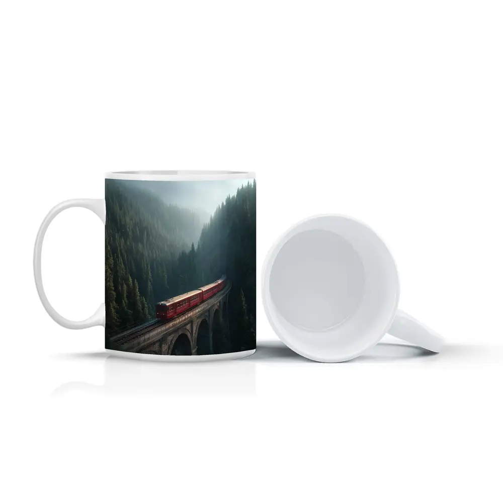 Red Train On Viaduct Misty Mountain Forest – Mugs
