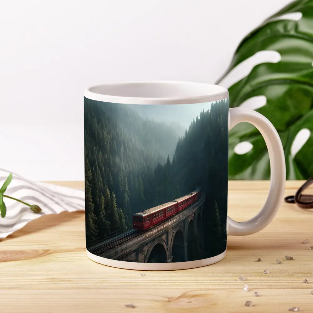 Red Train On Viaduct Misty Mountain Forest – Mugs