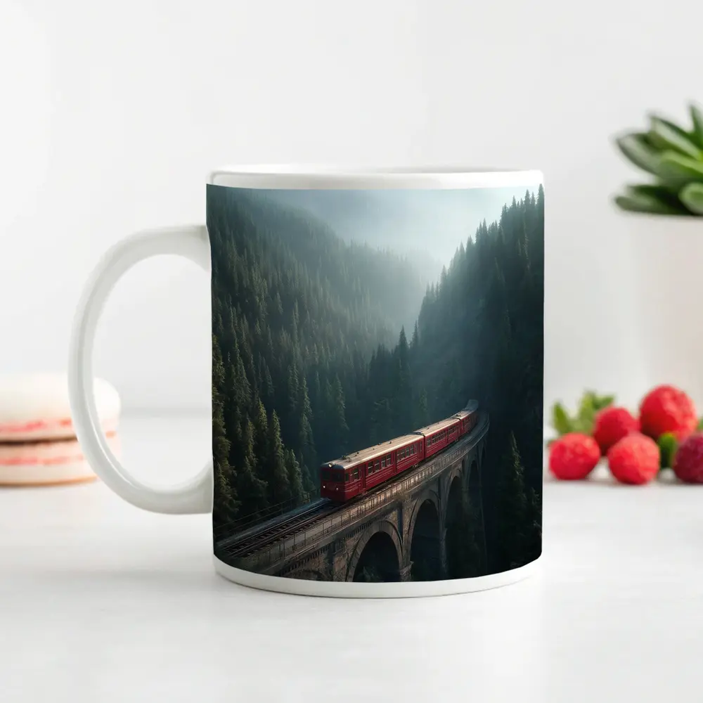 Red Train On Viaduct Misty Mountain Forest – Mugs