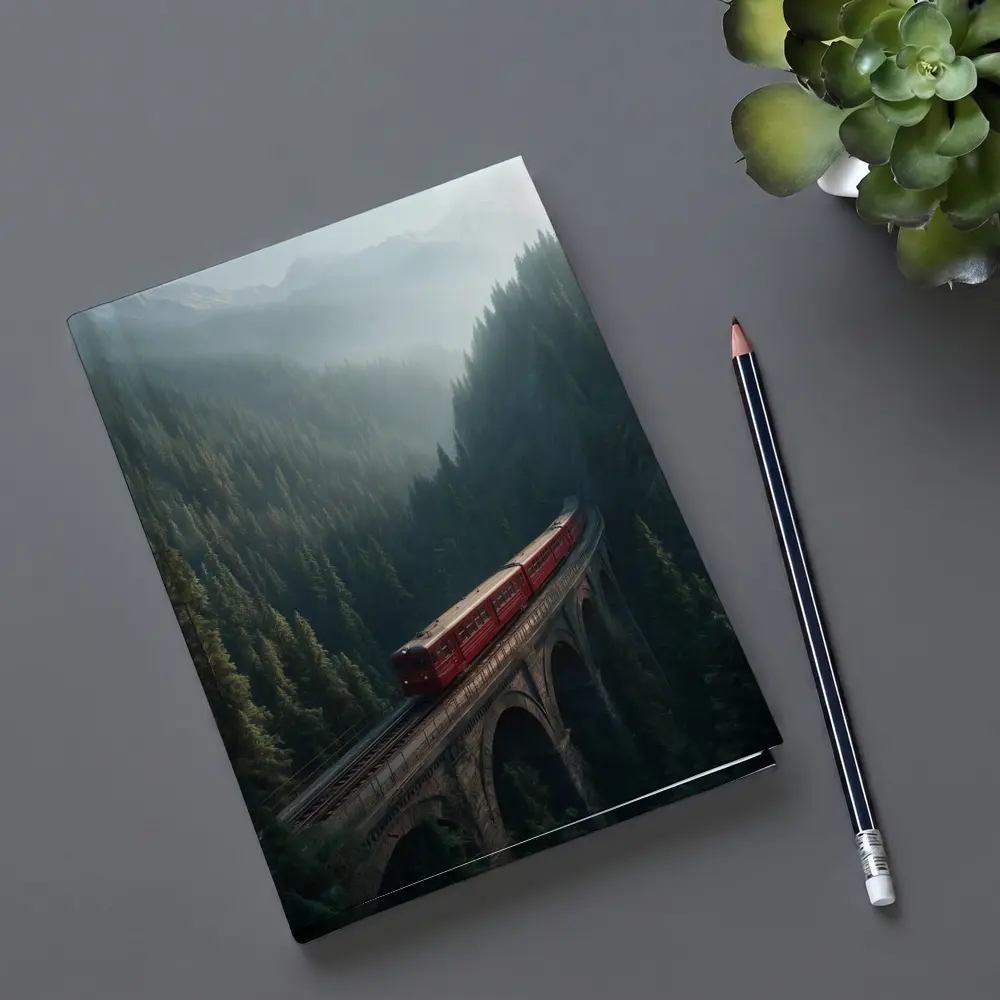Red Train On Viaduct Misty Mountain Forest – Notebooks