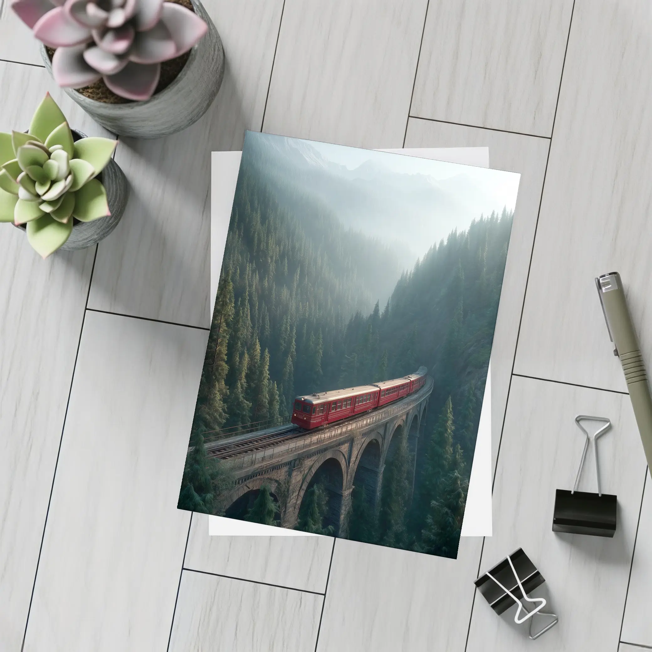 Red Train On Viaduct Misty Mountain Forest – Postcards