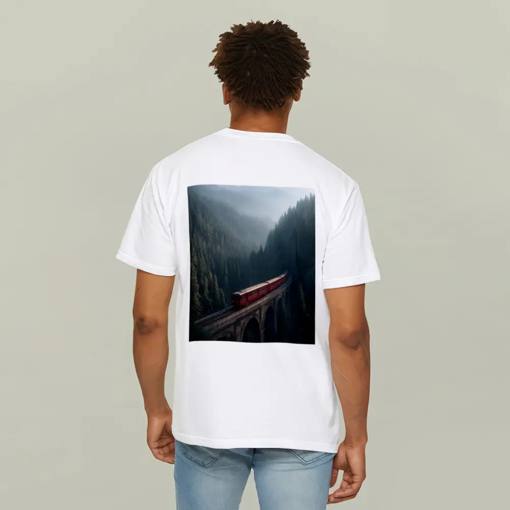 Red Train On Viaduct Misty Mountain Forest – T-Shirts