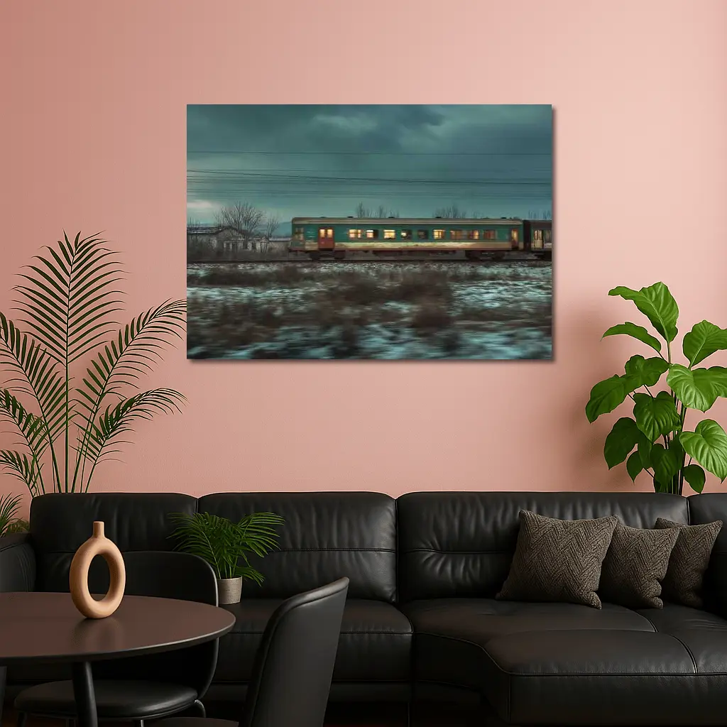 Old Train Moving Through Snowy Winter Landscape – Wall Art
