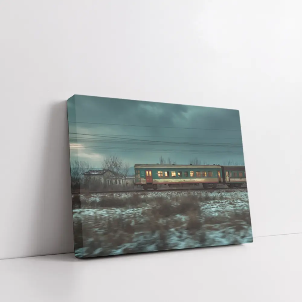 Old Train Moving Through Snowy Winter Landscape – Wall Art