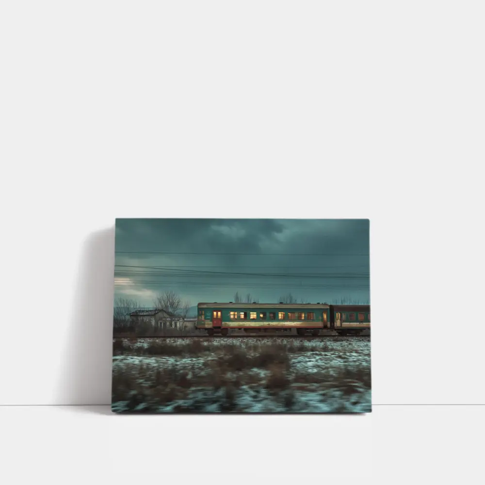 Old Train Moving Through Snowy Winter Landscape – Wall Art