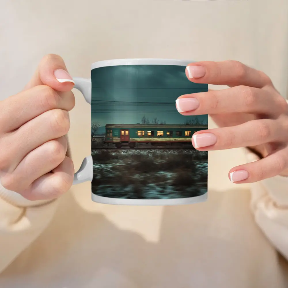 Old Train Moving Through Snowy Winter Landscape – Mugs