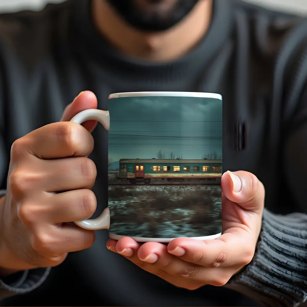 Old Train Moving Through Snowy Winter Landscape – Mugs