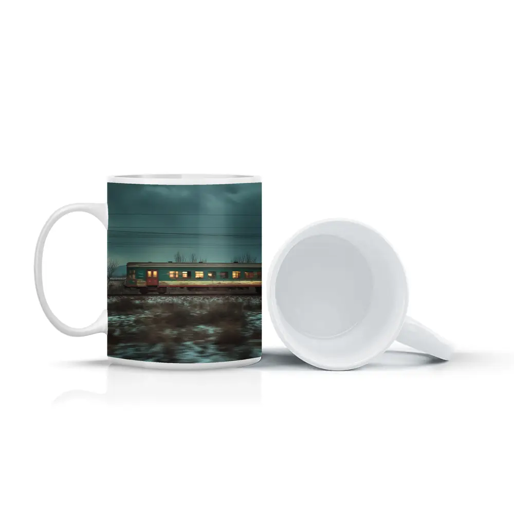 Old Train Moving Through Snowy Winter Landscape – Mugs