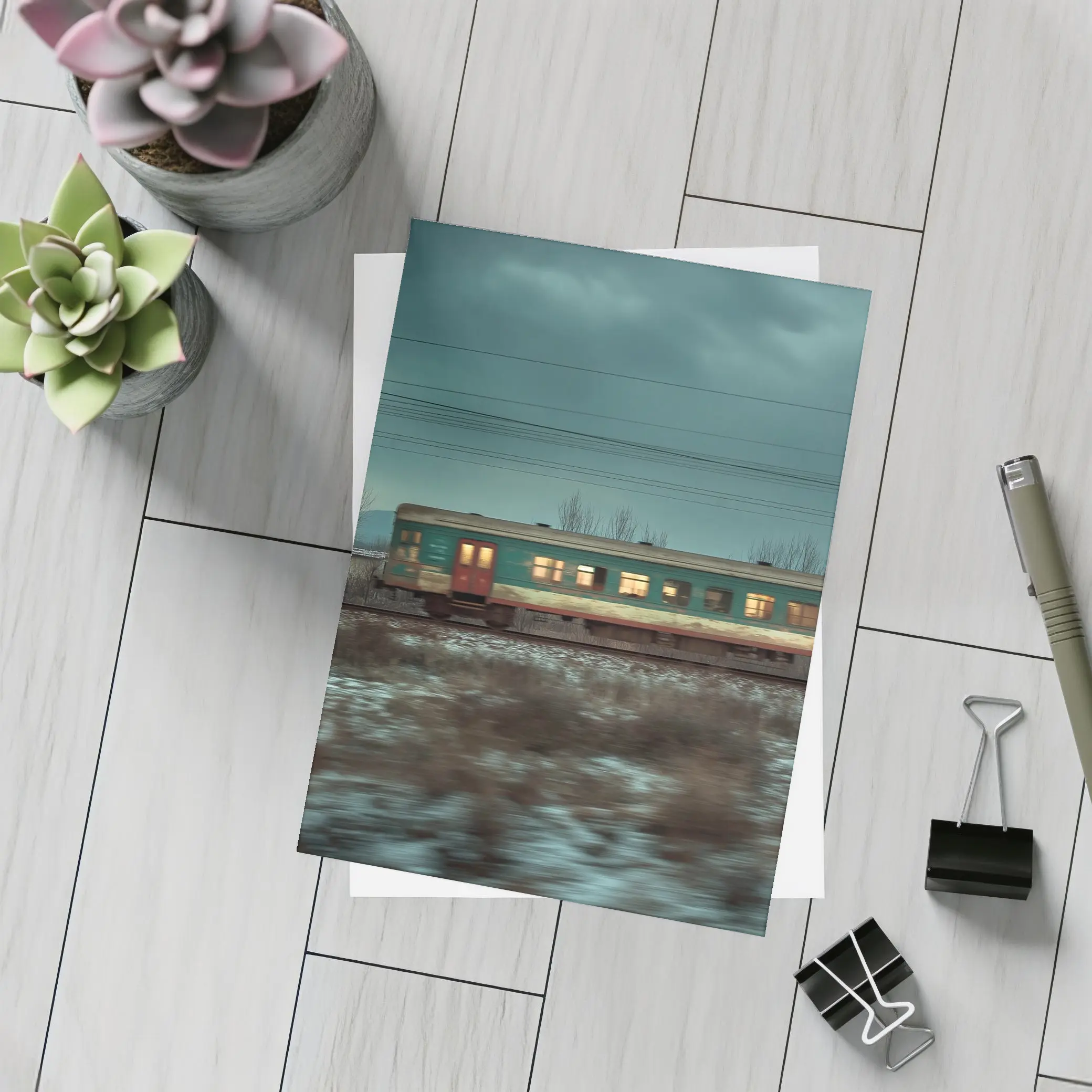 Old Train Moving Through Snowy Winter Landscape – Postcards