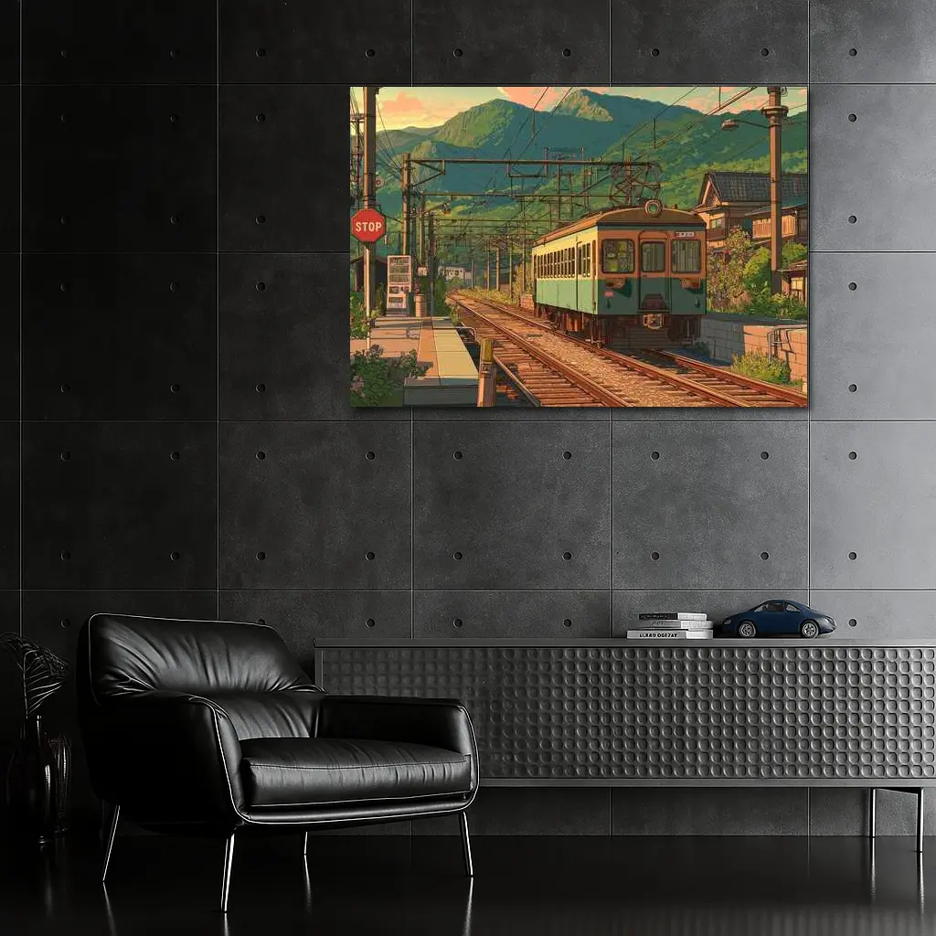 Anime Style Rural Japanese Train Station Scene – Wall Art