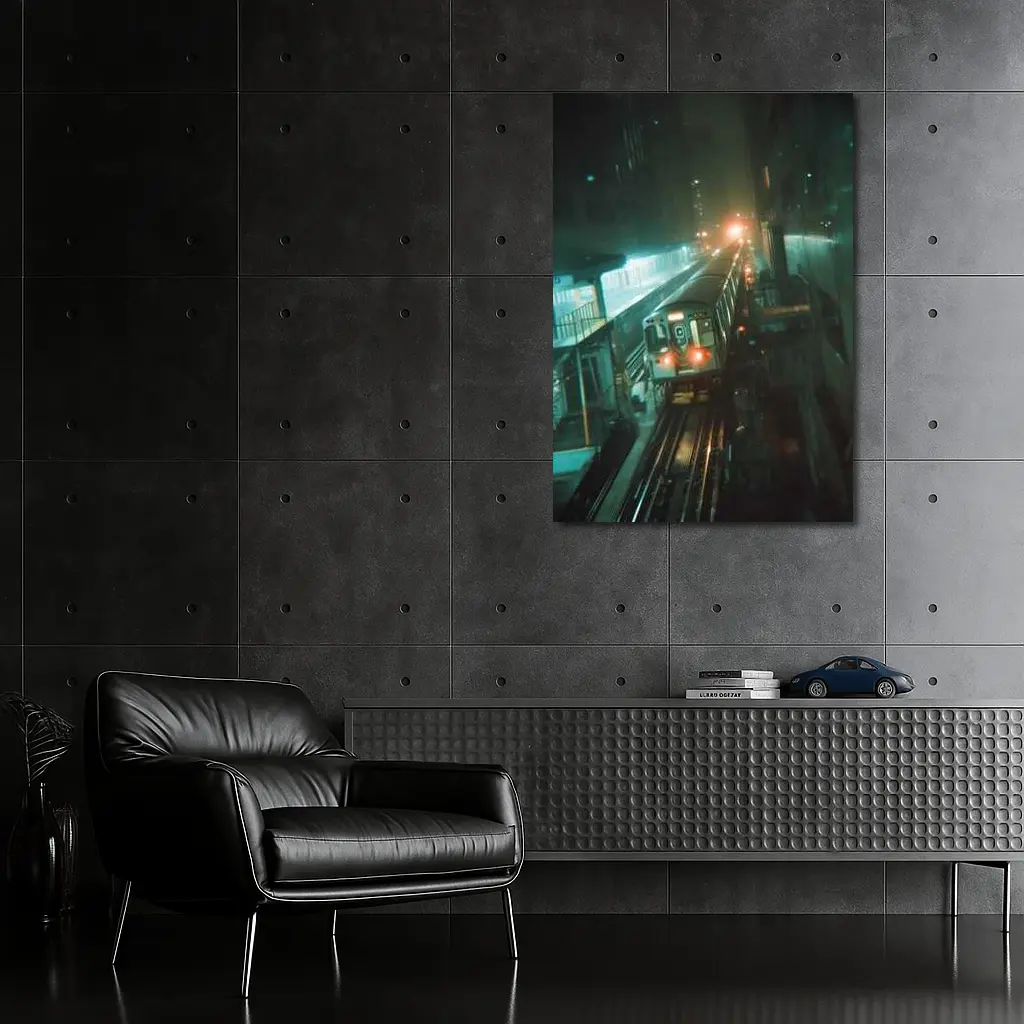 Night Train Arriving At Elevated City Station – Wall Art