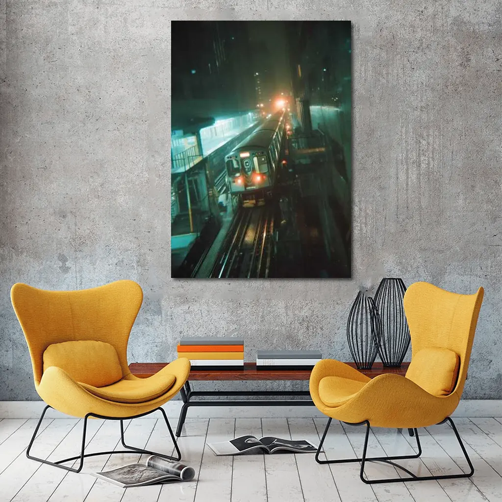 Night Train Arriving At Elevated City Station – Wall Art